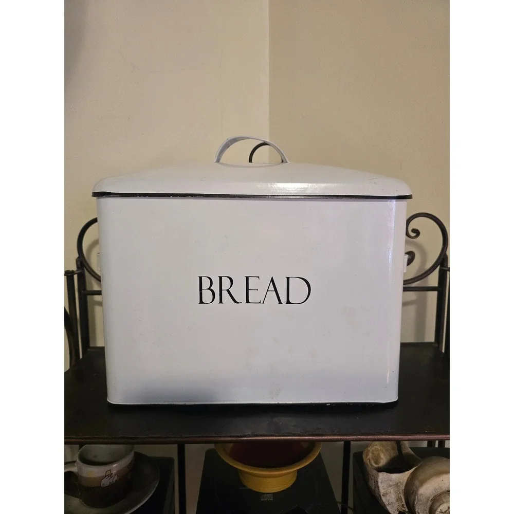 Vintage Farmhouse White Enamel Bread Box Metal Storage Bin with Lid and Handles